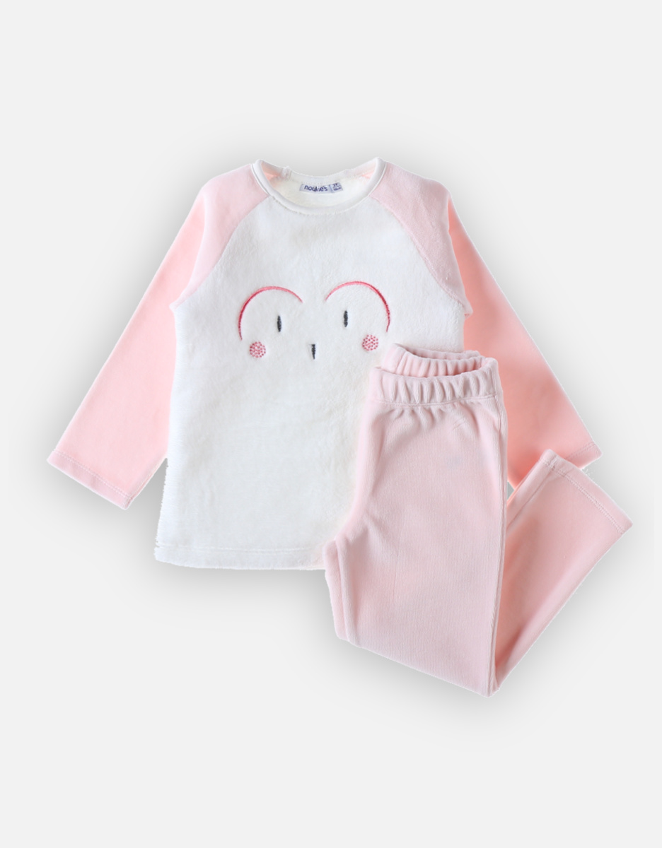 Pyjama 2 pièces chouette en velours, rose clair/écru