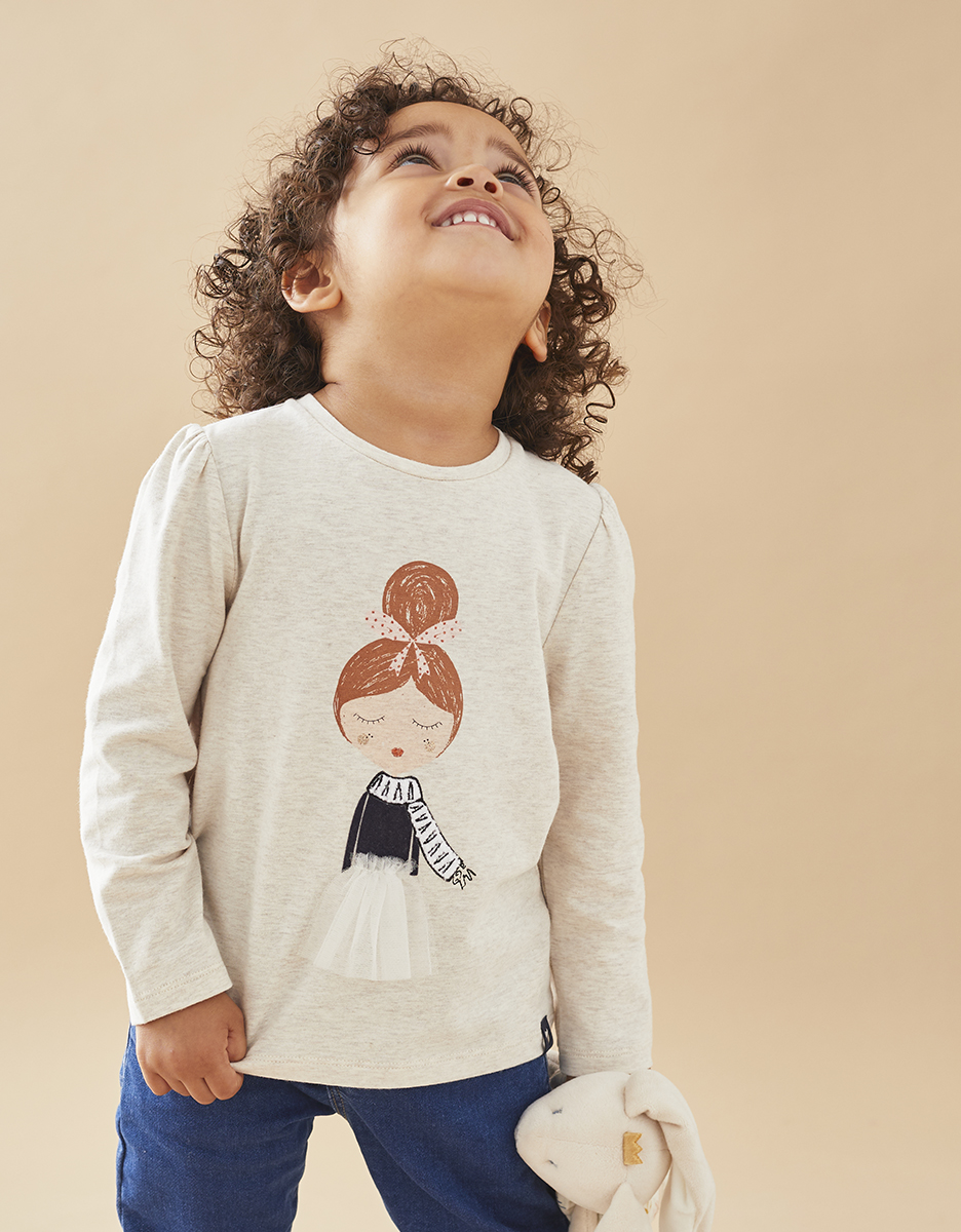 Long-sleeved t-shirt with girl print, heather beige