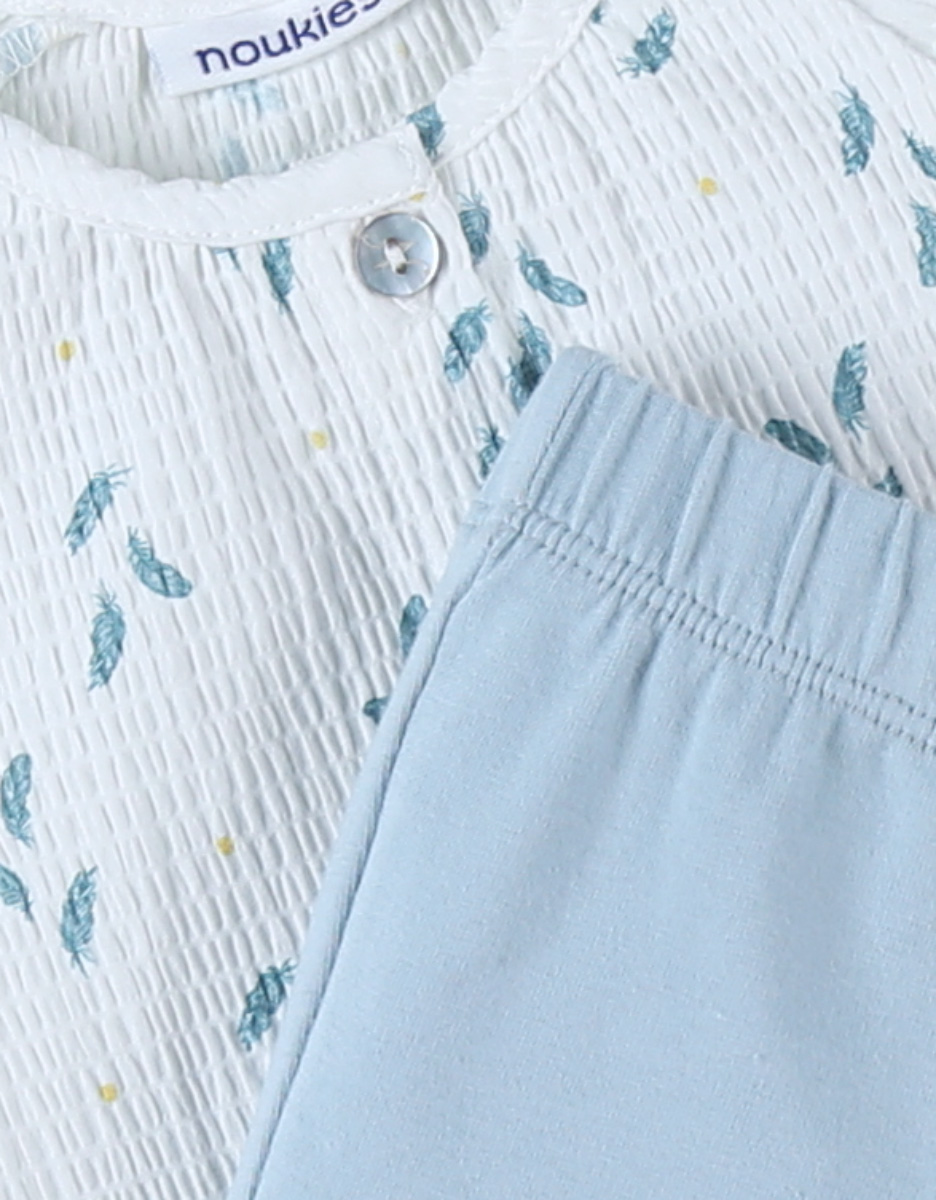 Set blouse plume + legging, bleu aqua/écru