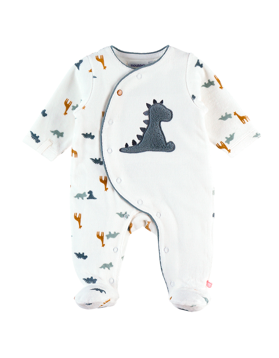 Pyjama dinosaure en velours, blanc/bleu
