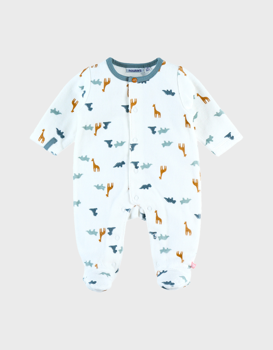 Fluwelen pyjama met dinosaurussenpatronen, wit