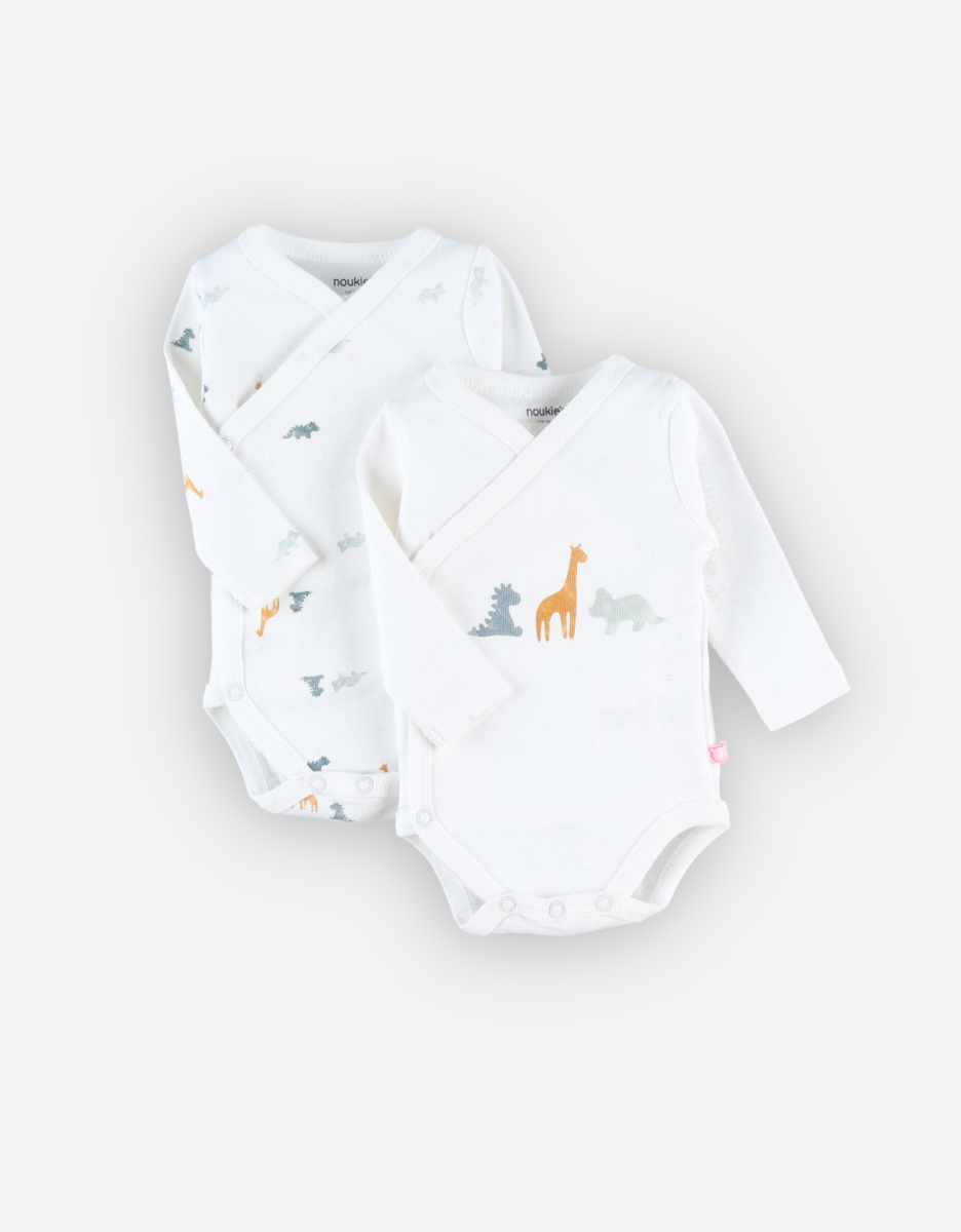 Set of 2 organic cotton crossover bodysuits, off-white