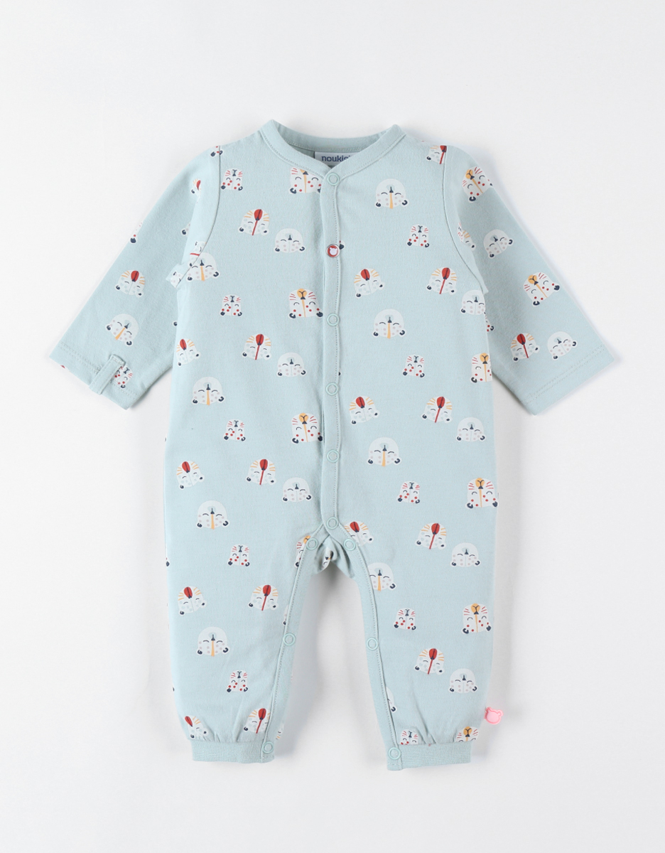 Jersey onesie pyjamas with a tiger print, aqua
