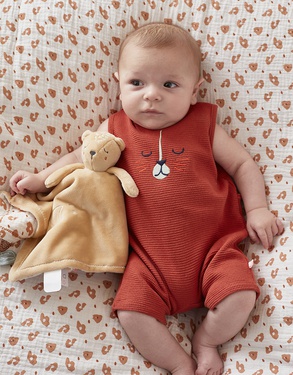 Waffled jersey romper with tiger, brick red