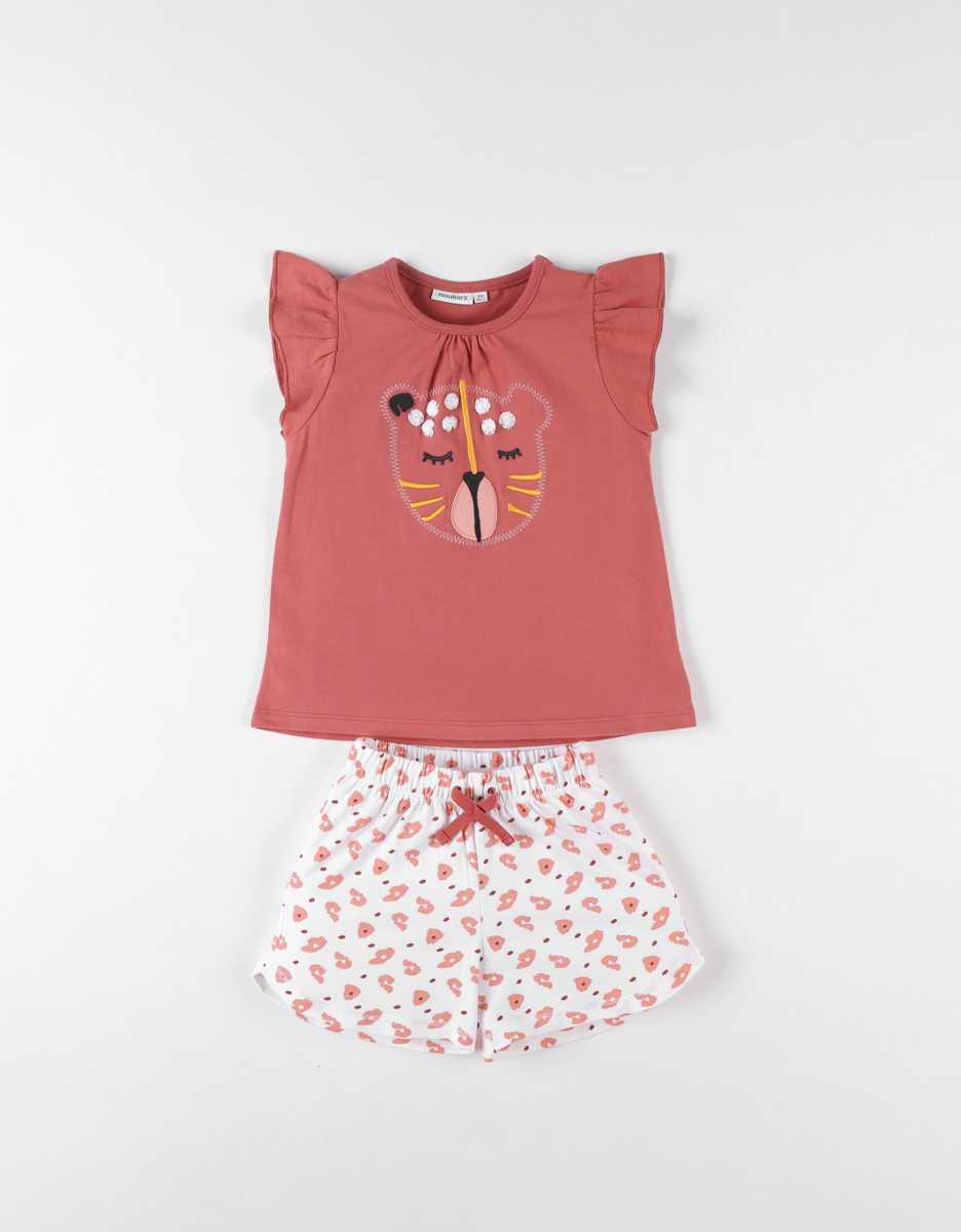 Jersey 2-delige pyjama met luipaardprint, rood/ecru/koraal