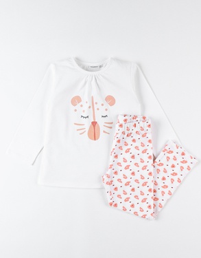 Jersey 2-delige pyjama met luipaardprint, ecru/koraal
