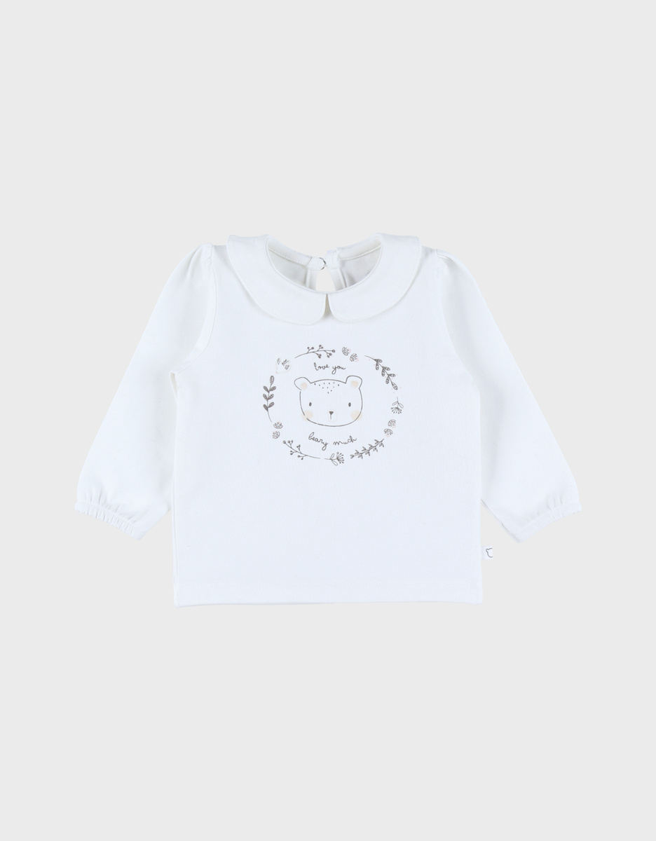 T-shirt en coton blanc à manches longues imprimé ours