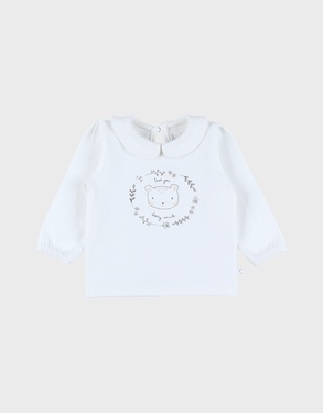 T-shirt en coton blanc à manches longues imprimé ours