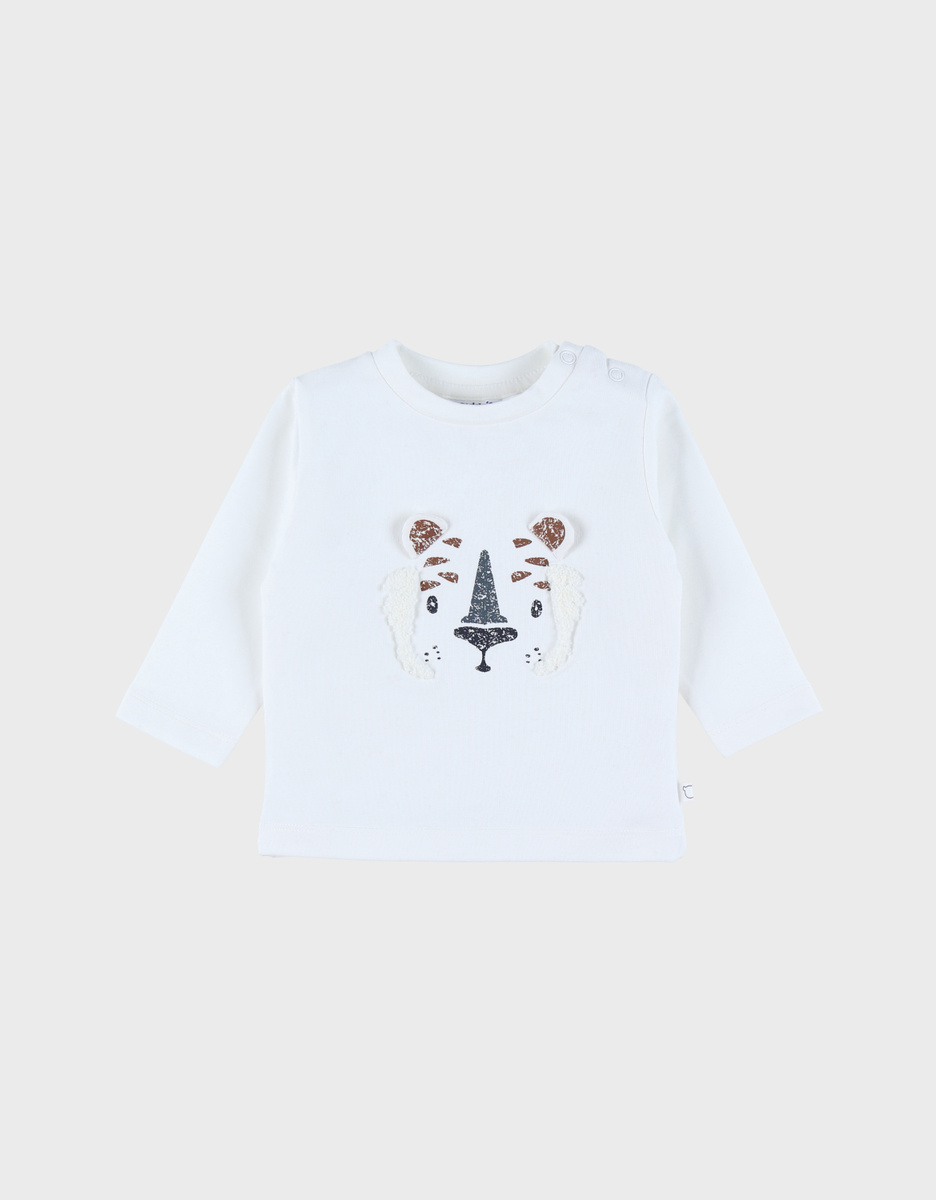 White long-sleeved T-shirt with embroidered tiger
