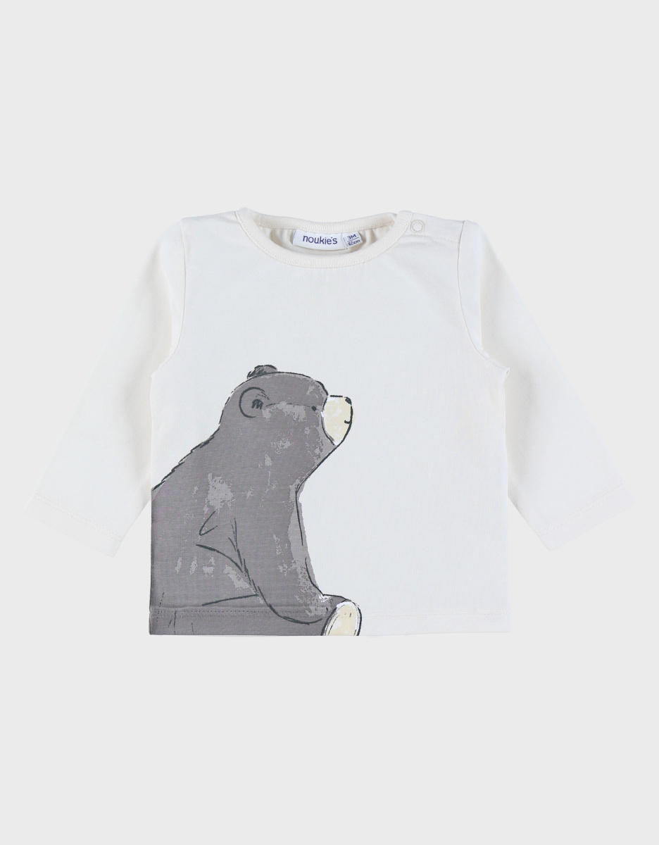 Ecru katoenen T-shirt met berenprint

