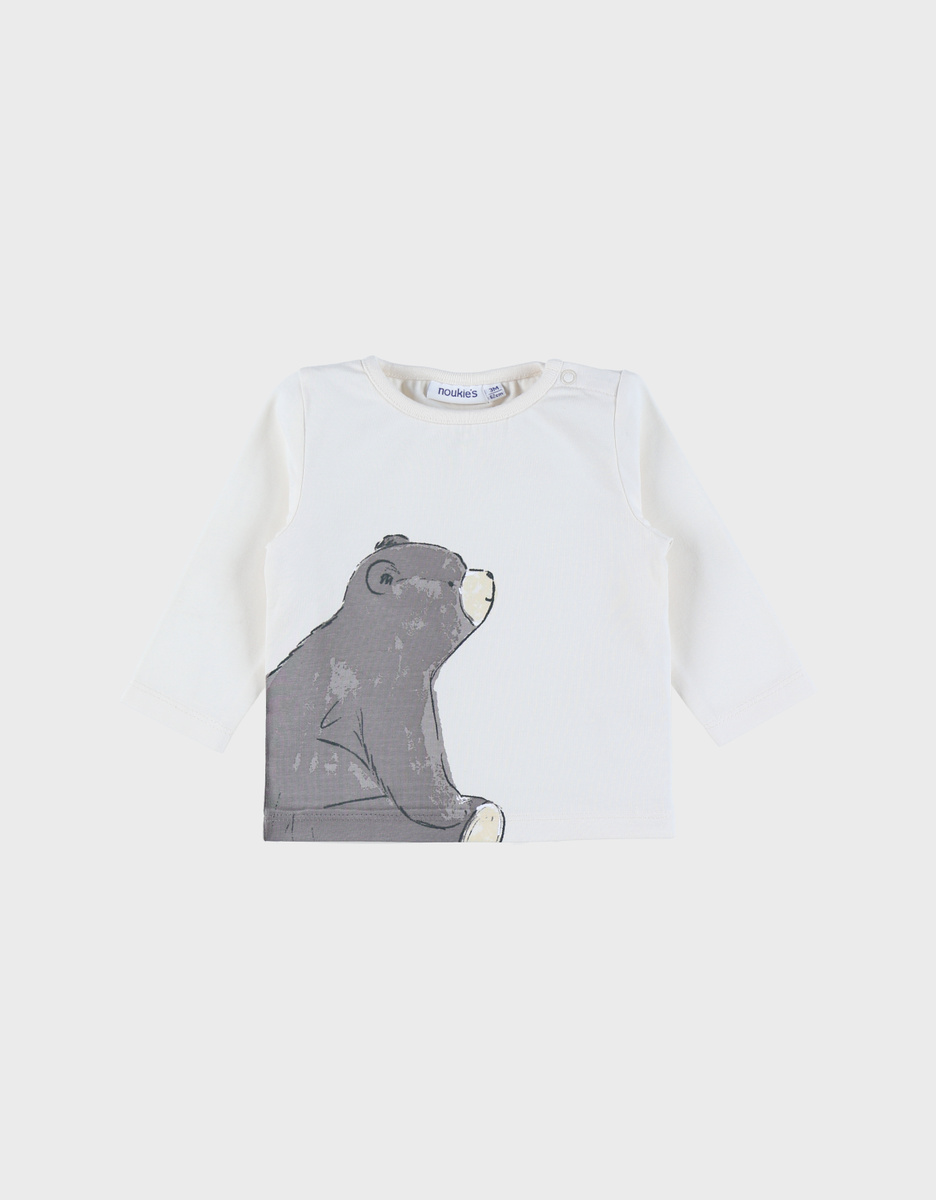 Ecru cotton T-shirt with bear print
