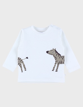 White long-sleeved cotton T-shirt with zebra print

