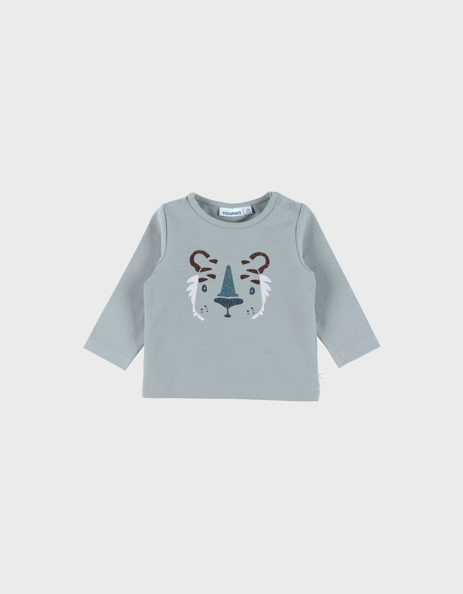 Green long-sleeved jersey T-shirt with tiger print
