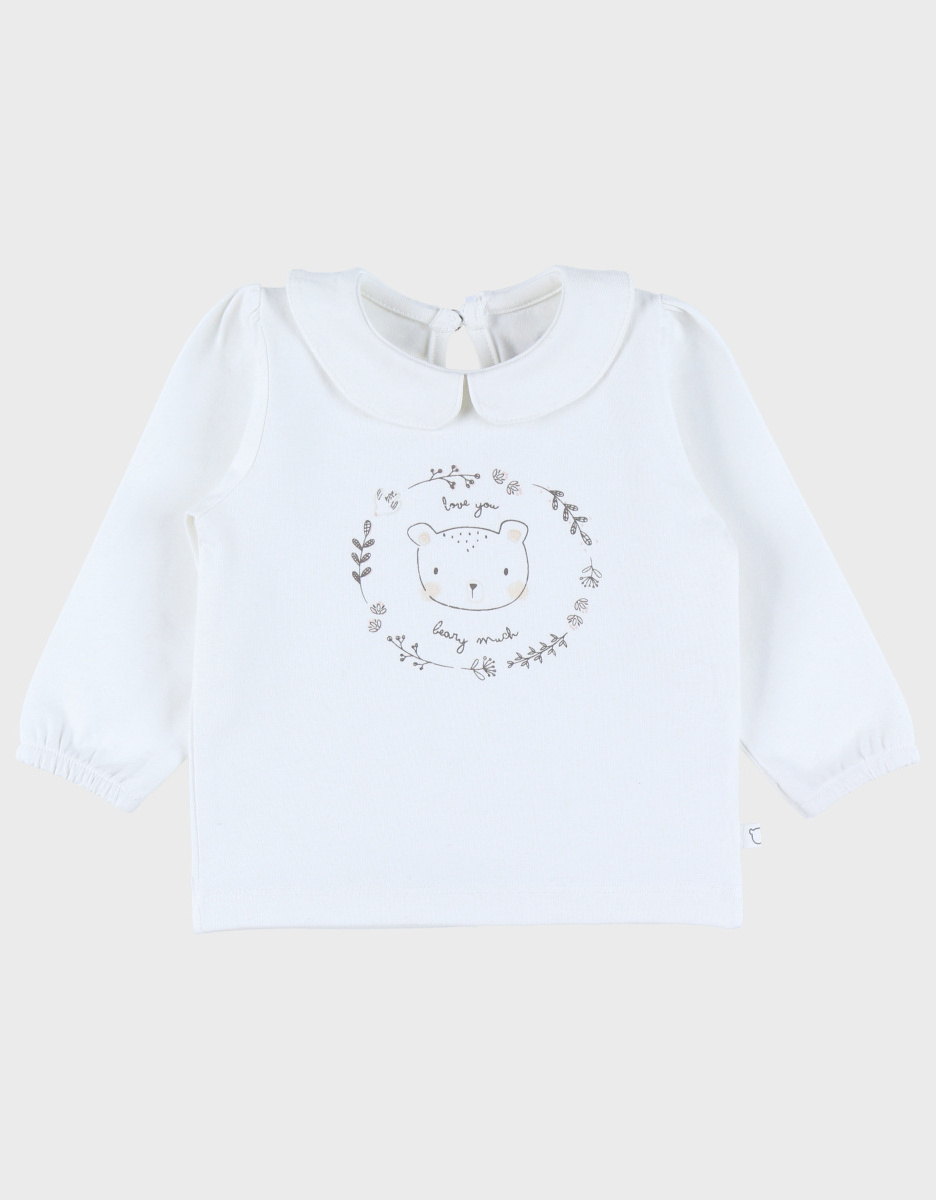 Wit T-shirt met lange mouwen en berenprint
