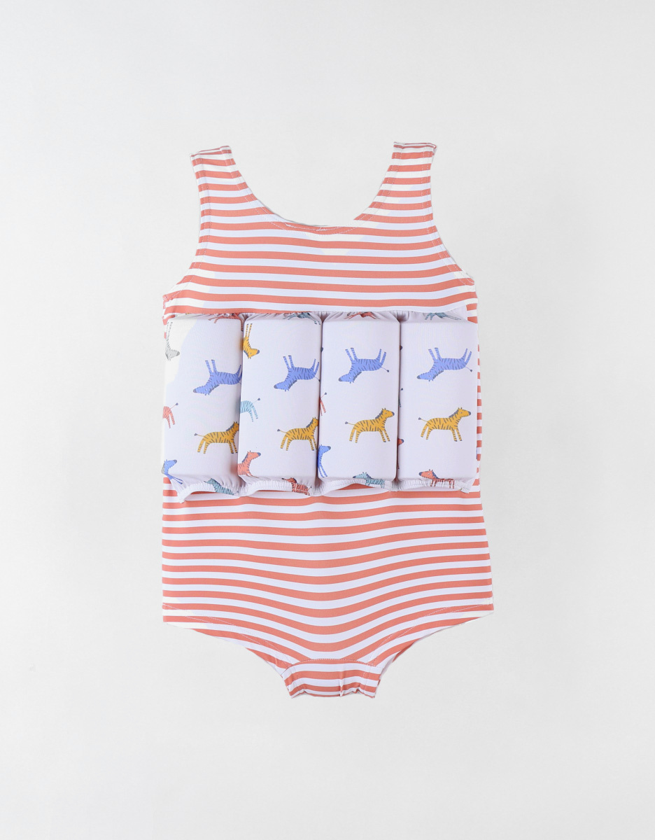 Maillot bouée rayé à imprimés, rouge/écru
