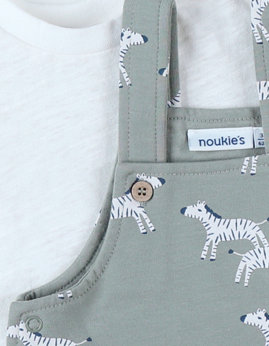 Setje met tuinbroek zebra + t-shirt, ecru/eucalyptus